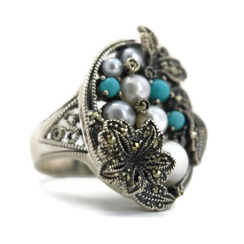 Pearl, Turquoise and Marquise Ring