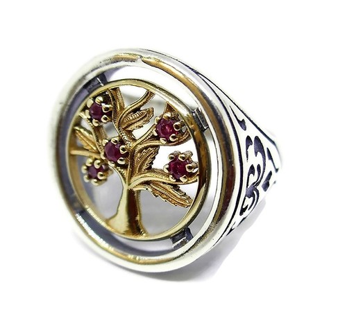Ornate Silver and Gold Tree Ring for Development, Balance, Stability and Security