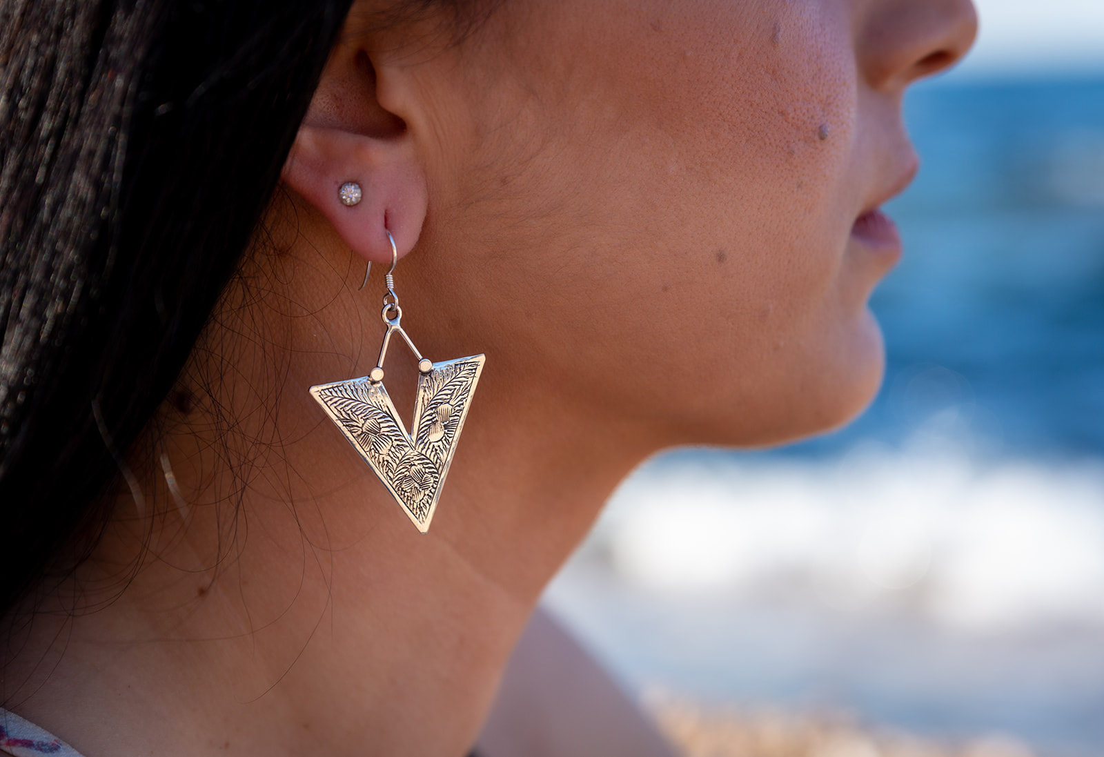 Ornate Silver Triangle Earrings