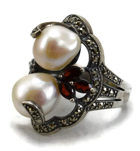 2 Pearl, Garnet and Marquise Ring
