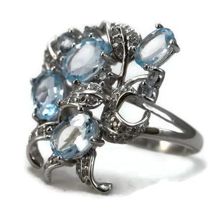 Blue Topaz Ring with Leaves and Flowers