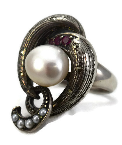 Pearl Marquise and Ruby Ring