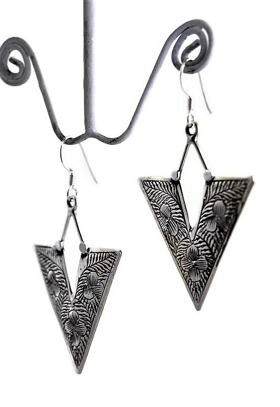 Ornate Silver Triangle Earrings