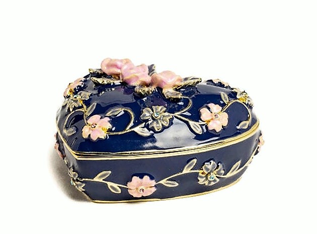 Blue Heart Box Decorated with Flowers