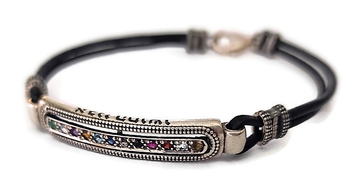 Silver and Leather Bracelet with the Stones of the Breastplate