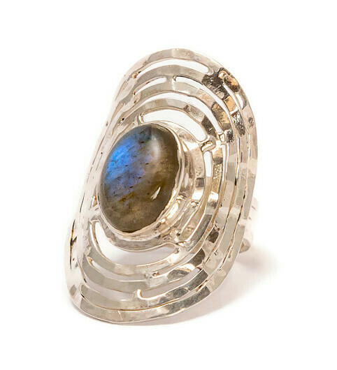 Flattened Silver Labradorite Ring