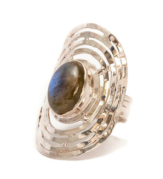 Flattened Silver Labradorite Ring