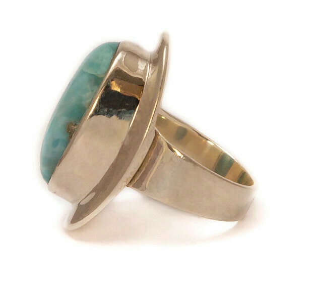 Oval Larimar Ring with Wide Silver Frame