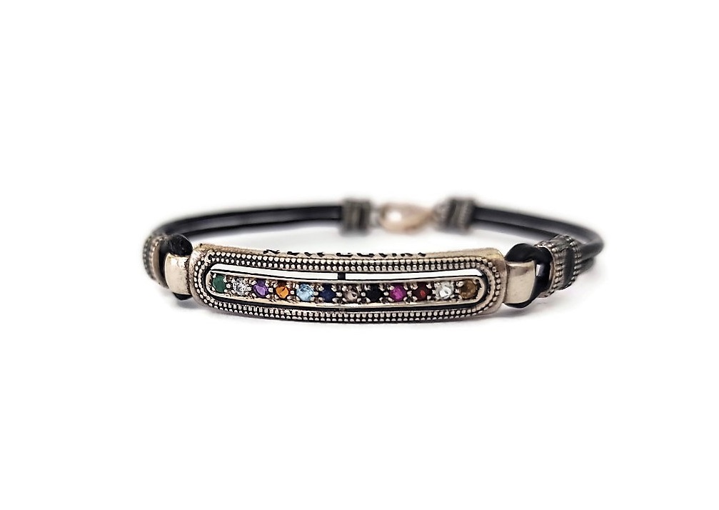 Silver and Leather Bracelet with the Stones of the Breastplate