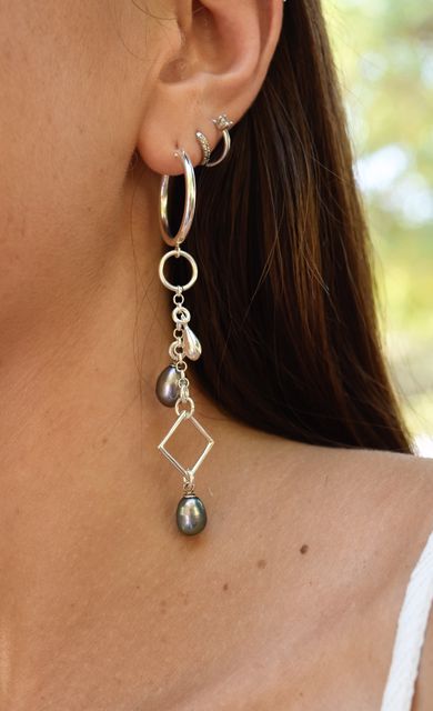 Black Pearls and Silver Raindrop Earrings