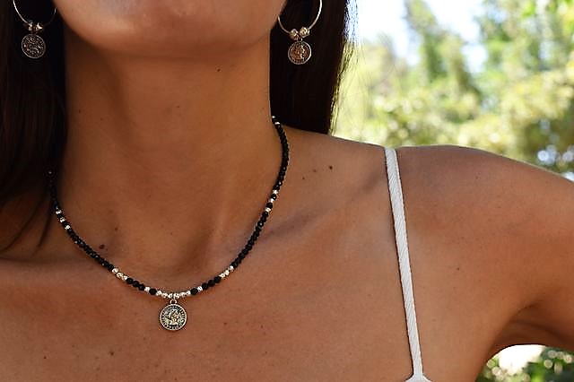 Black Tourmaline Necklace With Silver Coin