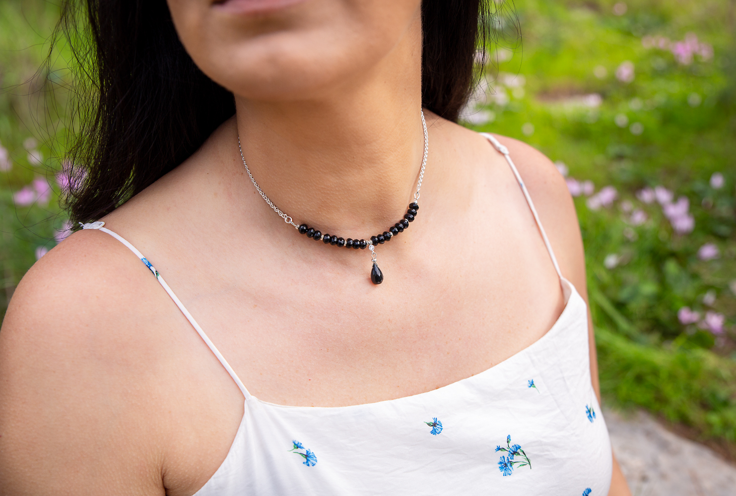 Rondelle and Drop Onyx Necklace