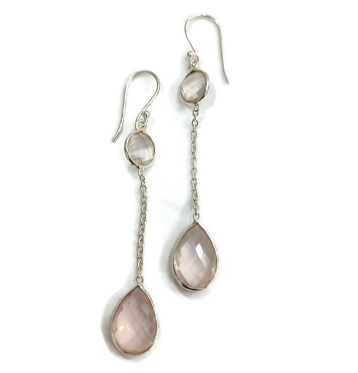 Long Silver and Rose-Quartz Earrings